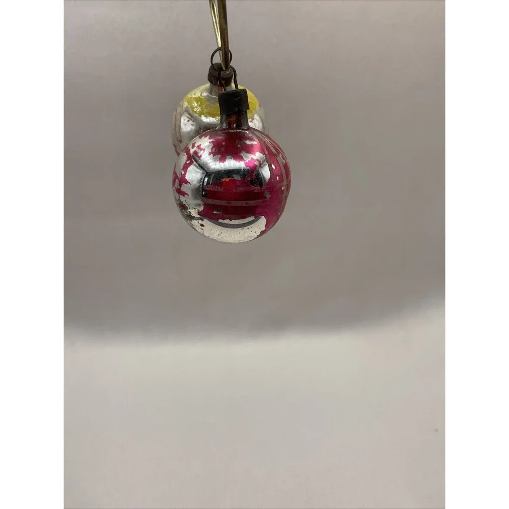 2 Vintage Mercury Glass Painted Christmas Ornaments Floral Striped Holiday Tree
